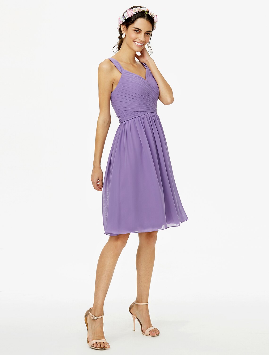 Abito da damigella d'onore a trapezio, senza maniche, con spalline, schiena scoperta, lunghezza al ginocchio, in chiffon con fascia/nastro/fiocco/incrociato